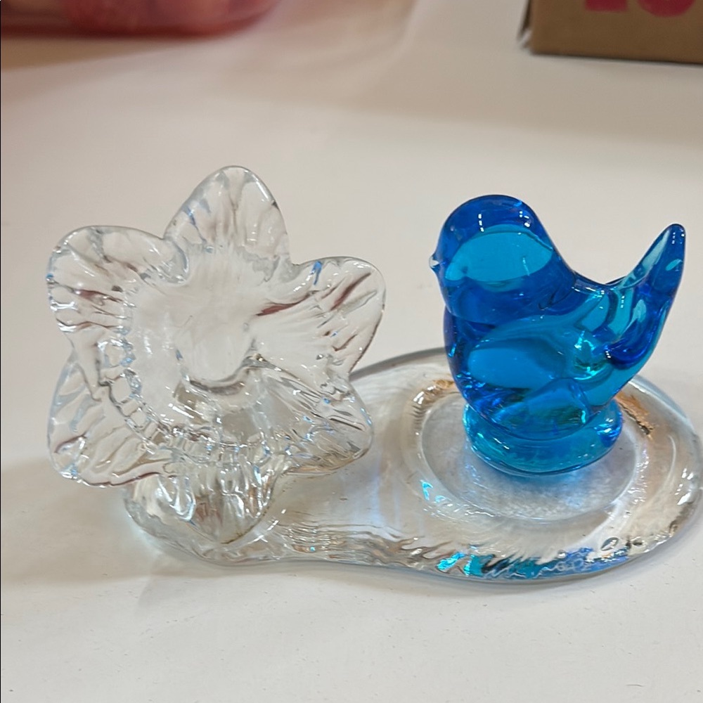 Blue and Clear Handmade Glass Art Bird Figurines Signed Leo Ward 1994